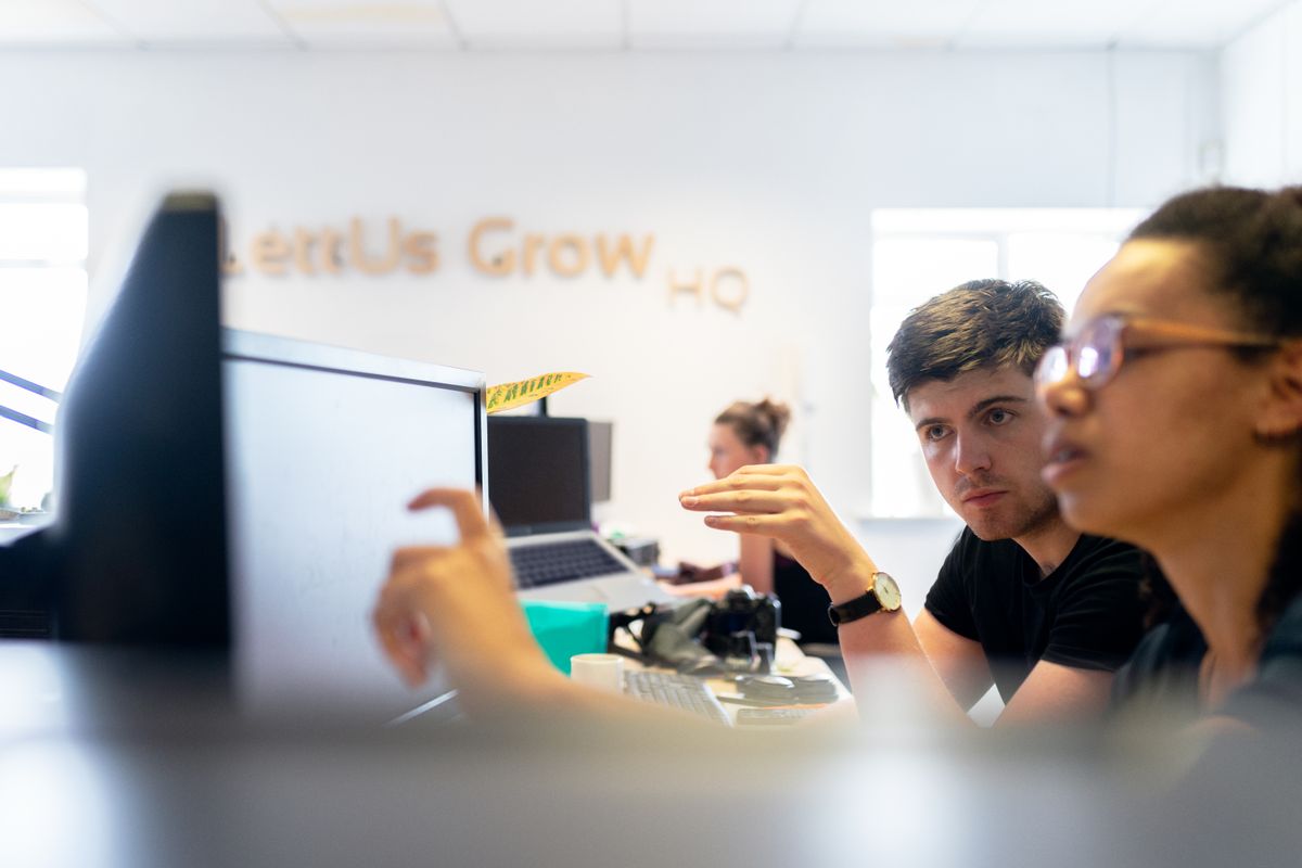Two people working at computer screens. Editorial stock photograph.